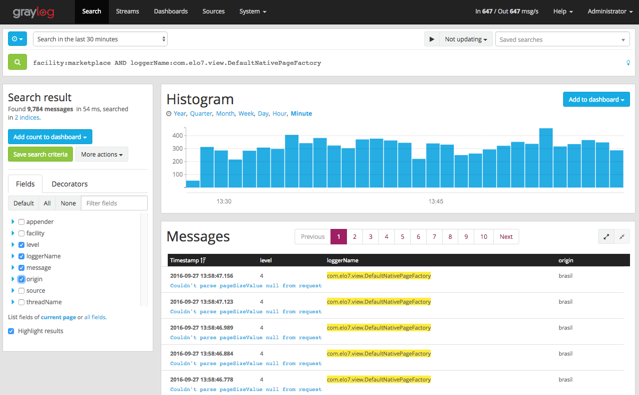 Busca de logs no Graylog