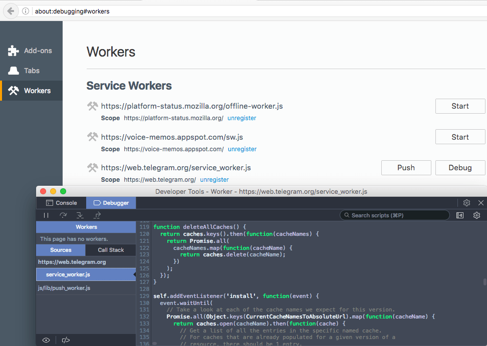 Debug de Service Workers no Firefox