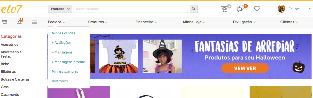 Menu drop-down com opções para o vendedor no site do Elo7